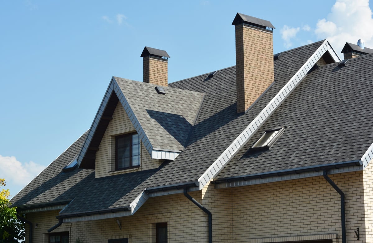 House roof with dormer window, skylights and guttering